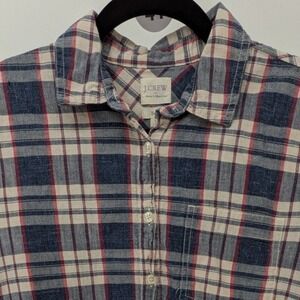 J.Crew $98 Small Brushed Cotton Navy Red Cream Plaid Button Up Boyfriend Shirt